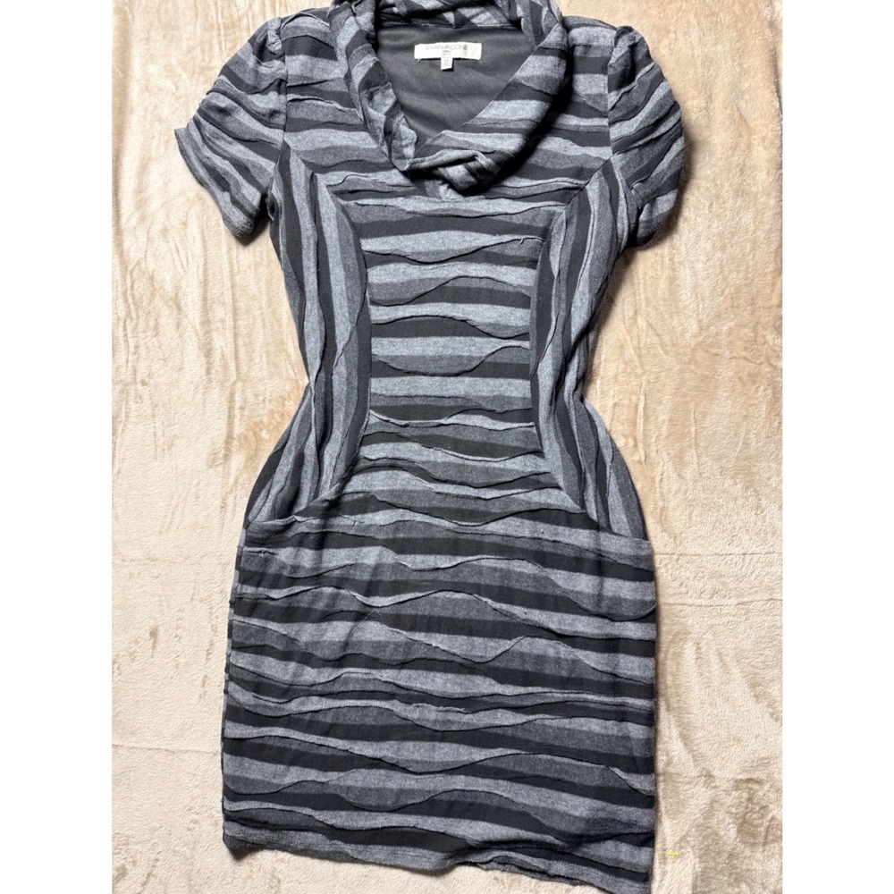 Y2K Evan-Picone Petite Grey Black Striped Tiered Cowl Neck Sheath Dress 6P